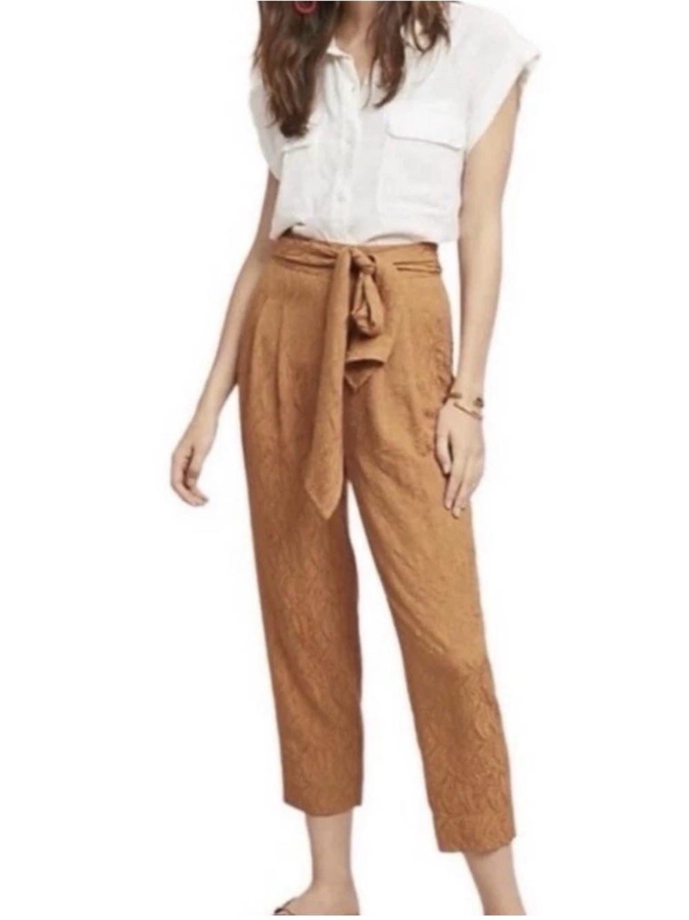 Anthropologie ett:twa Aubade Jacquard Caramel High Rise Tie Waist Crop Pant SZ 4